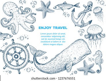 Sea animals hand drawn collection. Sketch illustration. Сachalot, octopus, starfish, jellyfish, fish and sea horse illustration. Vintage design template. Undersea world.