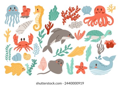 Sea animals.Set with hand drawn sea life elements.Fish and wild marine animals are isolated on white background. 