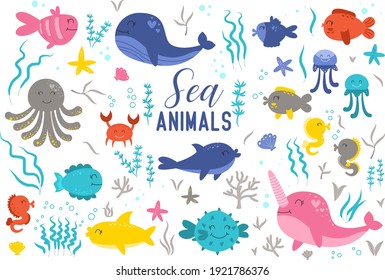 Sea animals hand drawn. Marine life. Ocean wildlife. Vector collection Cute ocean sea creatures for girls and boys summer baby shower and birthday designs