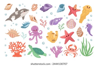 Sea animals. Hand-drawn sea life creatures and elements. Vector doodle cartoon set of marine life objects. Flat illustration on white background. Collection for stickers.