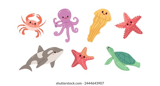 Sea animals. Hand-drawn sea life creatures and elements. Vector doodle cartoon set of marine life objects. Flat illustration on white background. Collection for stickers.