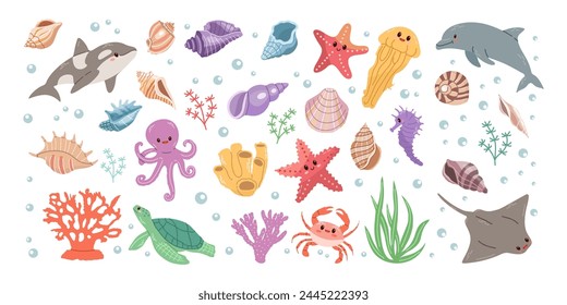 Animales marinos. Criaturas marinas dibujadas a mano y Elementos. Vector doodle conjunto de dibujos animados de objetos de vida marina. Ilustración plana sobre fondo blanco. Colección para pegatinas.