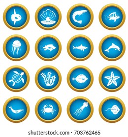 Sea animals icons blue circle set isolated on white for digital marketing