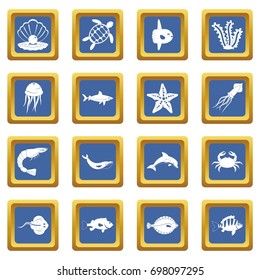 Sea animals icons set in blue color isolated vector illustration for web and any design