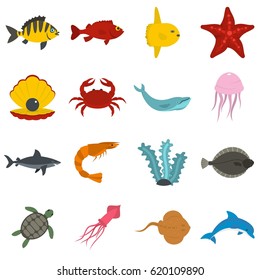Sea animals icons set in flat style isolated vector illustration