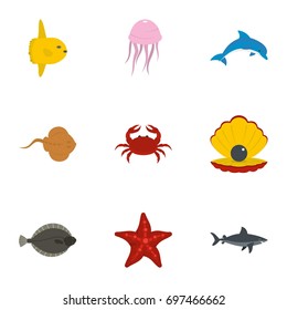 Sea animals icons set. Flat set of 9 sea animals vector icons for web isolated on white background