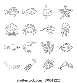 Sea animals icons set. Outline illustration of 16 sea animals vector icons for web