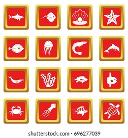 Sea animals icons set in red color isolated vector illustration for web and any design
