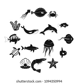Sea animals icons set. Simple illustration of 16 sea animals vector icons for web