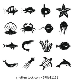 Sea animals icons set. Simple illustration of 16 sea animals vector icons for web