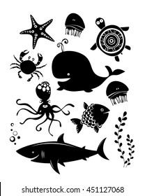 Animales marinos. Juego de iconos. Siluetas vectoriales. 
