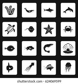 Sea animals icons set in white squares on black background simple style vector illustration