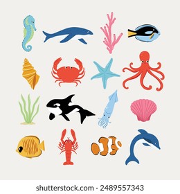 Sea Animals Illustration Set. Colorful and detailed illustrations of various sea creatures, perfect for educational materials and children’s books. Ideal for ocean-themed designs and projects.