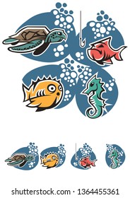 Sea Animals Illustration set are four illustrations with a funny and cartoon style, representing marine animals, can be used alone or combined in a single image.
