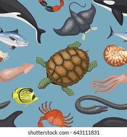 Sea animals illustration tropical character wildlife marine aquatic tropic fishes sealess pattern vector background