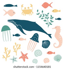 Sea animals illustration. Vector cartoon underwater creatures collection: jellyfish, starfish, ocean, sea horse, shell, fish, whale. Set of silhouettes in the minimal style