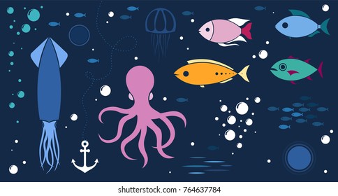 Sea animals isolated collection with fish, octopus, squid, medusa and bubbles. Vector illustration template for your design or background.