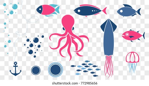 Sea animals isolated collection with fish, octopus, squid, medusa and bubbles. Vector illustration template for your design on transparent background.