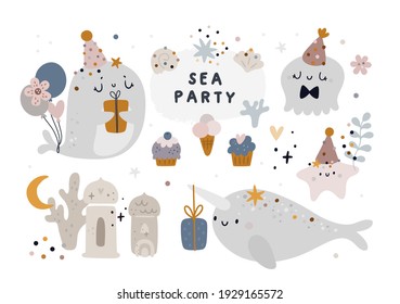 Sea animals isolated on white: whale, narwal, jellyfish, sea star. Happy birthday vector cartoon clipart with festive design elements. Baby shower hand drawn illustration for kids. Under water world.