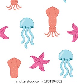 Sea animals jellyfish, squid, starfish. Seamless pattern on white. Cute flat vector illustration. Texture for print, fabric, textile, wallpaper.