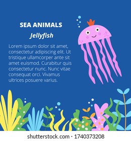 Sea animals jellyfish underwater vector illustration in flat cartoon style. Cute pink baby medusa swimming on tropical coral reef in seaweeds. Illustration on blue navy background with place for text