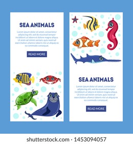 Sea Animals Landing Page with Cute Colorful Underwater Marine Creatures and Space for Text Vector Illustration