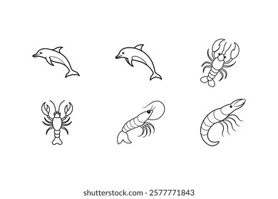 sea animals line art vector illustration