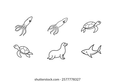 sea animals line art vector illustration