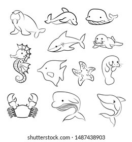 Illustration Black Line Art Sea Animals Stock Illustration 1503085352 ...