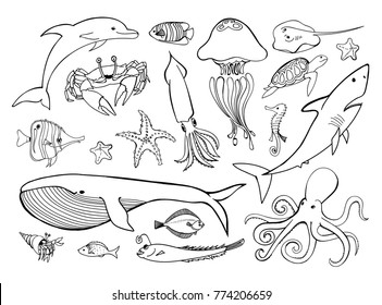 Sea animals line icons hand drawn set. Doodle ocean life collection for your marine design. Vector graphic illustration