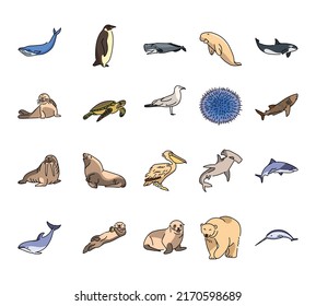 Los iconos de la línea de animales marinos se establecen. Elemento vector aislado.