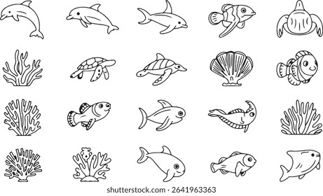 Sea Animals Line Icons Set. Fish, Dolphins, Whales, Coral Reef. Vector Illustration. Editable Stroke	