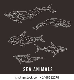 SEA ANIMALS LINE LOW POLY LOGO ICON SYMBOL SET. TRIANGLE GEOMETRIC POLYGON