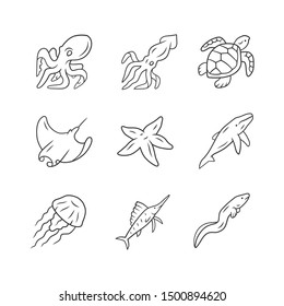 Sea animals linear icons set. Swimming octopus, starfish, squid, jellyfish. Marine aquarium. Underwater inhabitants. Thin line contour symbols. Isolated vector outline illustrations. Editable stroke