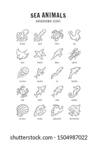 Sea animals linear icons set. Turtle, jellyfish, lobster, butterflyfish. Underwater wildlife. Ocean inhabitants. Thin line contour symbols. Isolated vector outline illustrations. Editable stroke