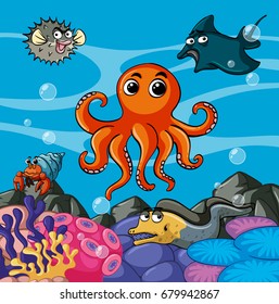 Sea animals living under the sea illustration