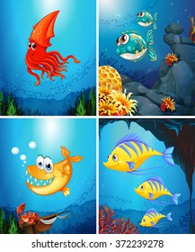 Sea animals living under the ocean illustration