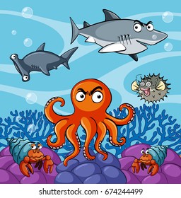 Sea animals living under the ocean illustration