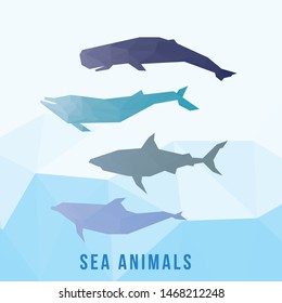 SEA ANIMALS LOW POLY LOGO ICON SYMBOL SET. TRIANGLE GEOMETRIC POLYGON