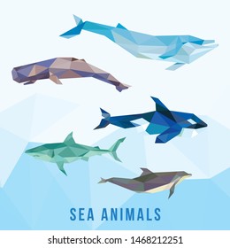 SEA ANIMALS LOW POLY LOGO ICON SYMBOL SET. TRIANGLE GEOMETRIC POLYGON