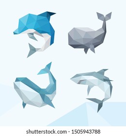 SEA ANIMALS LOW POLY LOGO ICON SYMBOL SET. TRIANGLE GEOMETRIC POLYGON