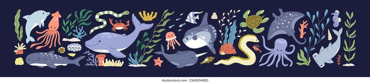 Animales marinos, personajes marinos. Pescados, algas, algas, plantas submarinas. La flora y fauna oceánicas. Feliz delfín, pulpo. Mamíferos acuáticos de Kawaii. Isolación de ilustraciones de vectores gráficos planos