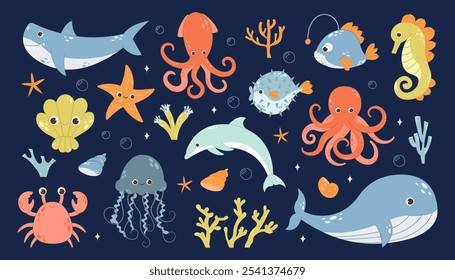 Sea animals, marine characters set. Fishes, algae, seaweeds. Cute ocean flora and fauna. Happy dolphin, whale, octopus. Kawaii water mammals. Isolated flat graphic vector illustrations