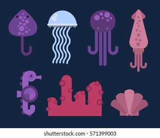 Sea animals marine life character vector illustration.