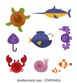 Sea animals marine life character vector illustration.