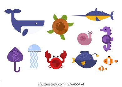 Sea animals marine life character vector illustration.