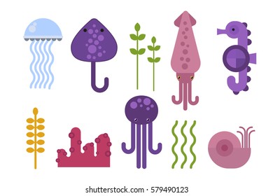 Sea animals marine life character vector illustration.