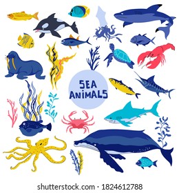 Sea Animals or Marine Life Floating Underwater Vector Set. Aquatic Creatures from Ocean Bottom Concept