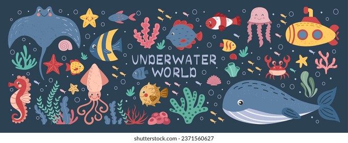 Sea animals. Marine life, submarine, cute underwater plants or under ocean fish, childish nursery decor. Jellyfish and seahorses. Vector cartoon flat isolated illustration, tidy background