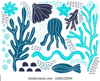 Sea animals marine naive set . Ocean shape plant and animal. Abstract shape simple style. Hand drawing creative art. Vector illustration.